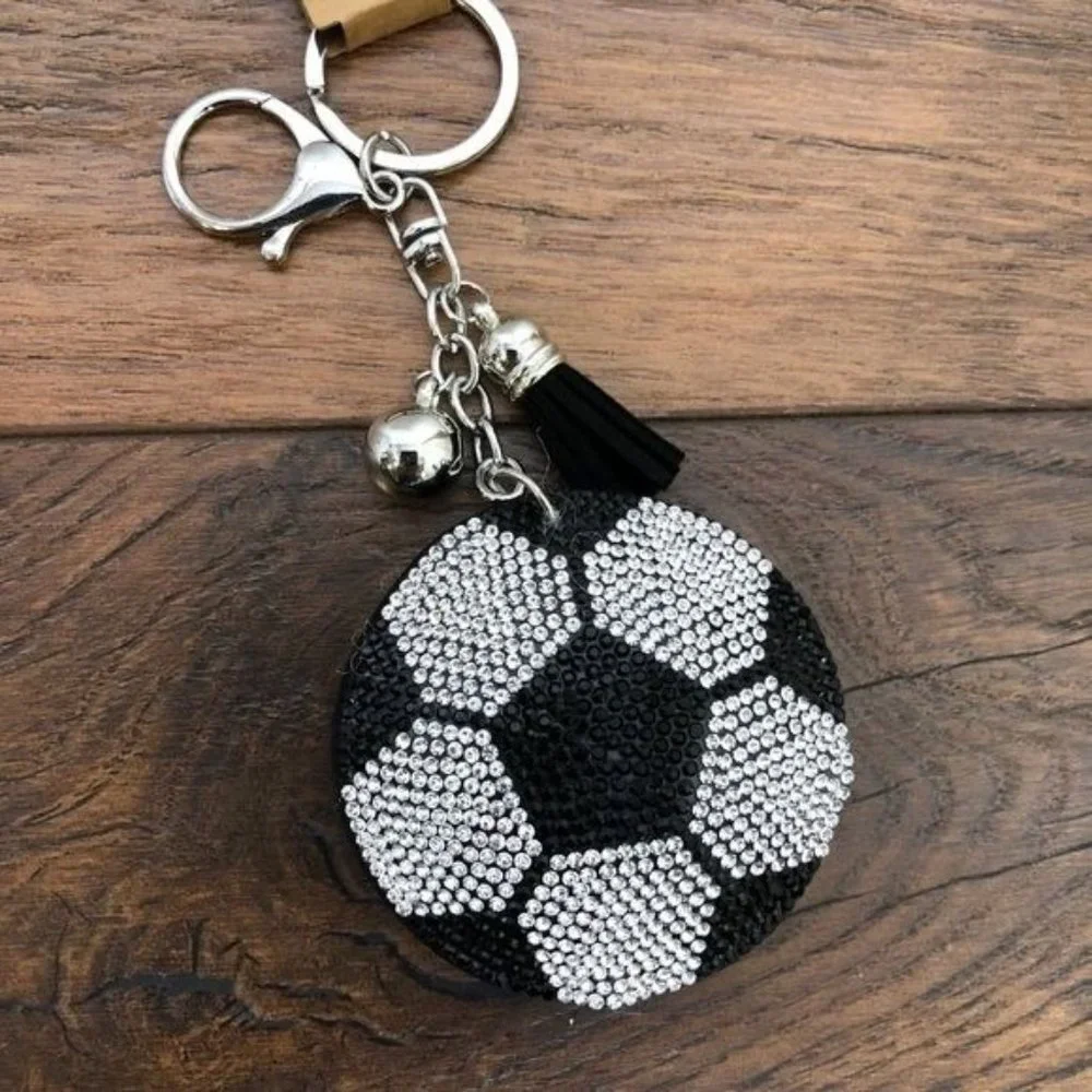 Puffed‎ Rhinestone Soccer Key Chain Purse Charm